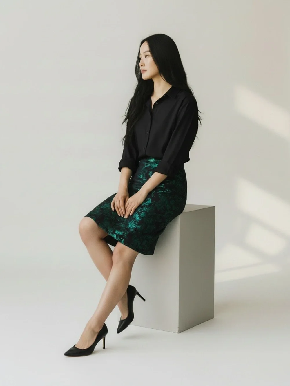 J. Crew Factory The Pencil Skirt Metallic Green Floral Jacquard 10